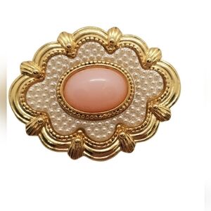 AVON 1988 "VICTORIAN SPRING" GOLDTONED, PINK CABACHON & SEED PEARLS BROOCH